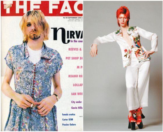 Kurt Cobain na capa da revista 'The Face', com um vestido. À direita, David Bowie com sapatos de salto