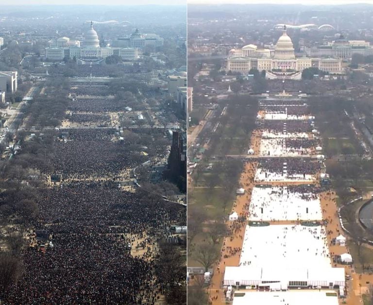 Posse de Obama (esquerda) em 2009 e de Trump nesta sexta-feira (direita).