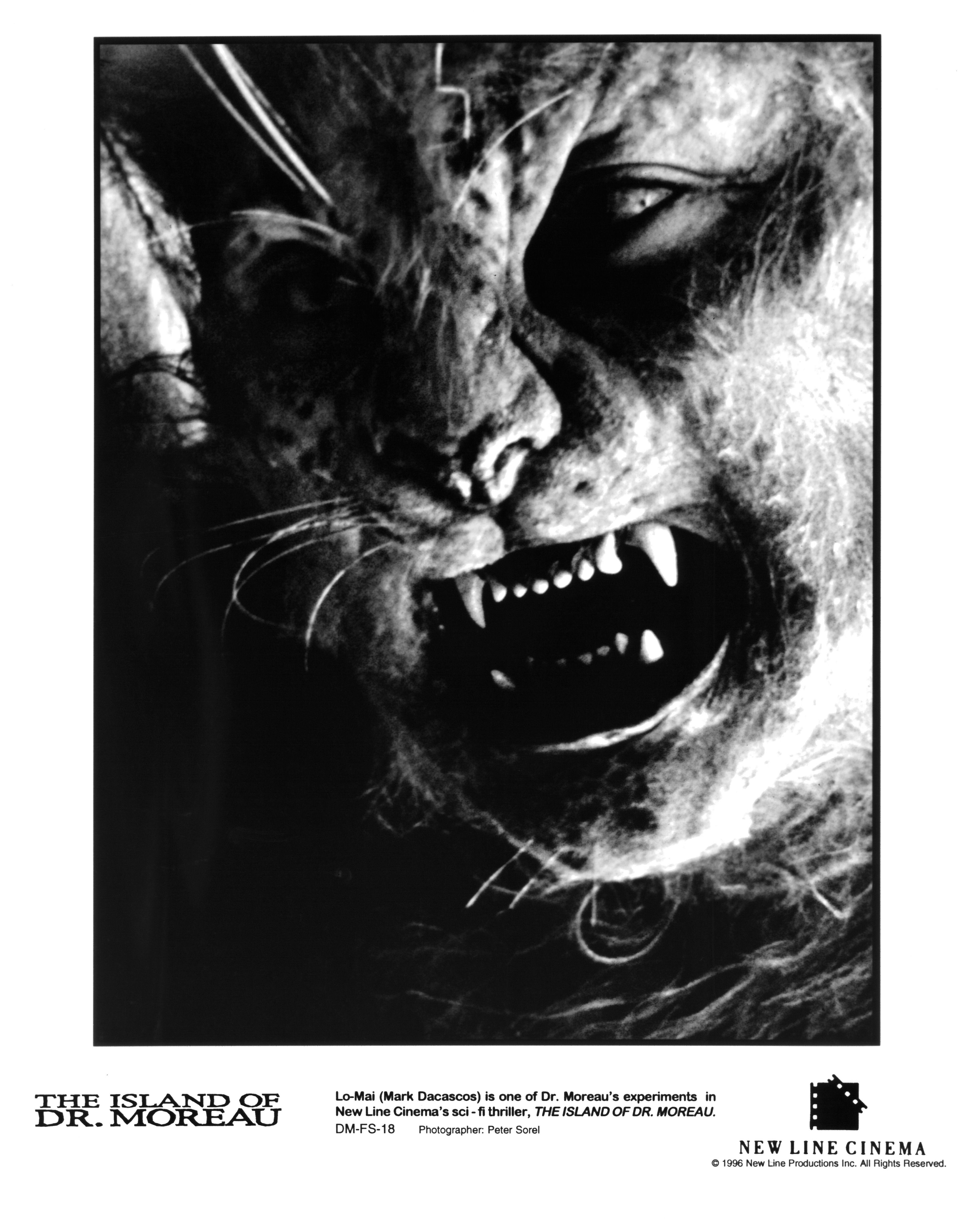 Cartaz promocional de ‘A ilha do Dr. Moreau’ com o ator Mark Dacascos caracterizado como uma das estranhas criaturas do filme.