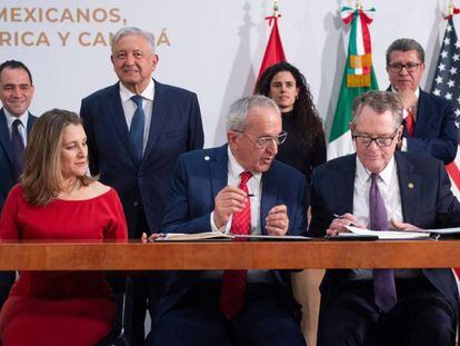 Os negociadores Chrystia Freeland, Jesús Seade e Robert Lighthizer, no México.