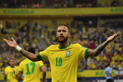 Neymar celebra gol contra o Uruguai pelas eliminatórias da Copa do Mundo da América do Sul, na Arena Amazônia, em Manaus.