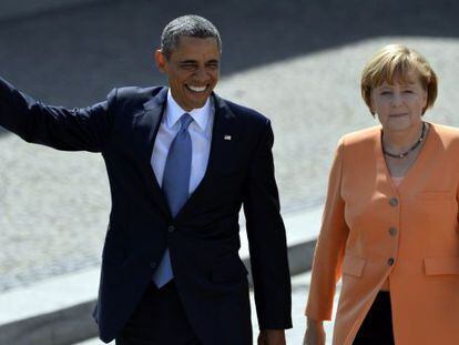 O presidente dos EUA, Barack Obama, e a chanceler alemã, Angela Merkel, em junho de 2013, em Berlim.