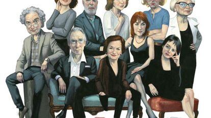 Da esquerda para a direita os escritores: Ricardo Piglia, Marta Sanz, Jaime Gil de Biedma, Svetlana Alexiévich, Michel Houellebecq e Inger Christensen; na frente, Ian McEwan, Élisabeth Roudinesco, Sara Mesa e Chantal Maillard.