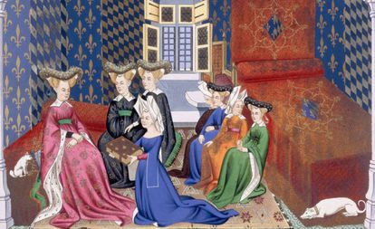 Grupo de mulheres em uma ilustração medieval.