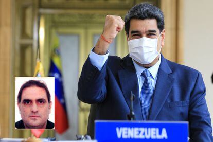 O presidente da Venezuela, Nicolás Maduro. No quadro, o empresário colombiano Alex Saab.