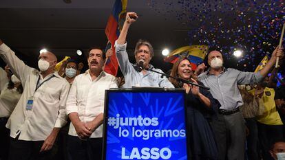 O presidente eleito do Equador, Guillermo Lasso, na noite de domingo após a divulgação dos resultados.
