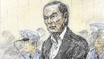 Carlos Ghosn, em ilustração feita durante sua presença no tribunal.