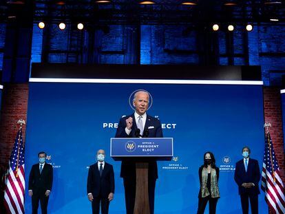 O presidente eleito dos Estados Unidos, Joe Biden, durante a apresentação dos primeiros membros do seu Governo, nesta terça-feira, em Wilmington (Delaware).