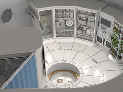 Ilustração do interior de um ‘habitat’ no espaço