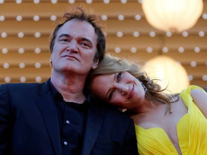 O diretor Quentin Tarantino e a atriz Uma Thurman no Festival de Cannes de 2014, quando o filme &#039;Pulp Fiction&#039; foi homenageado em seus 20 anos. 