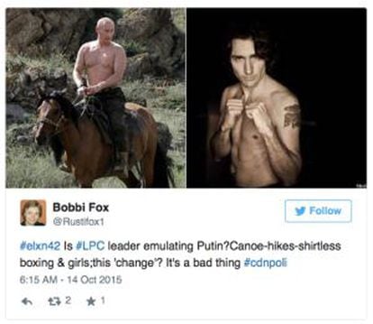 Usuário do Twitter compara o físico de Putin com o de Trudeau.