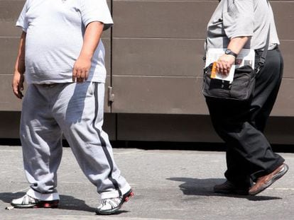 Duas pessoas obesas em rua da Cidade de México.