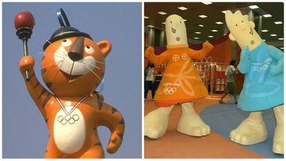 À esquerda, o tigre Hodori (Jogos de Seul). À direita, Atena e Febo, mascotes dos Jogos de Atenas.