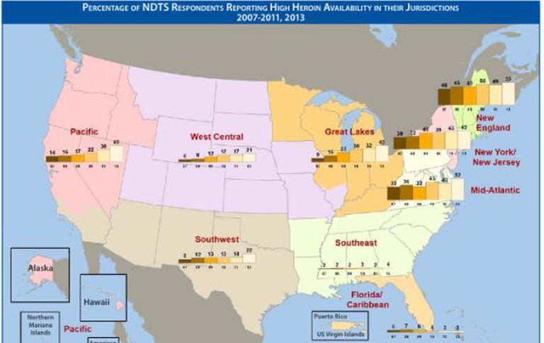 Mapa com a presença da heroína nos Estados Unidos