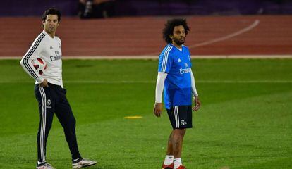 Marcelo e Solari durante treinamento nos Emirados Árabes Unidos.