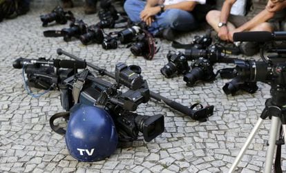 Protesto de jornalistas o dia 10 de fevereiro no Rio pela morte do cinegrafista Santiago Andrade.