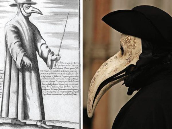 À esquerda, um médico da peste em uma gravura do século XVII, à direita, uma fantasia no Carnaval de Veneza.