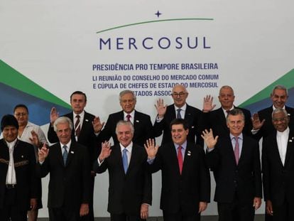 Os participantes da reuni&atilde;o do Mercosul, nesta quinta-feira, em Bras&iacute;lia.