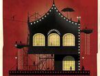 A casa de Fellini, segundo Babina, tem luzes de feira ou de circo, andaimes e um fundo vermelho sangue.