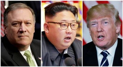 O diretor da CIA, Mike Pompeo; o líder da Coreia do Norte, Kim Jong-un, e o presidente do EUA, Donald Trump.