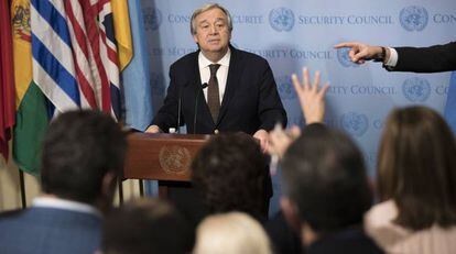 Antonio Guterres, em entrevista coletiva nesta quarta-feira, na sede da ONU.
