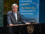 In this photo provided by the United Nations, U.N. Secretary General Antonio Guterres speaks in the General Assembly in observance of the International Day of Peace, celebrating 75 Years of the United Nations, at UN headquarters, Monday, Sept. 21, 2020. (Eskinder Debebe/United Nations via AP)
