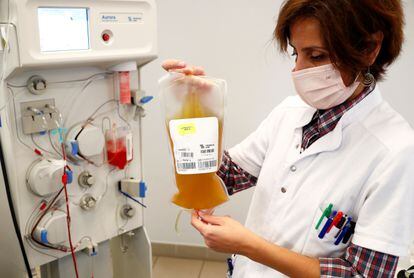 Profissional de saúde segura bolsa de plasma sanguíneo de um doador recuperado da covid-19, em um centro de Bruxelas (Bélgica).