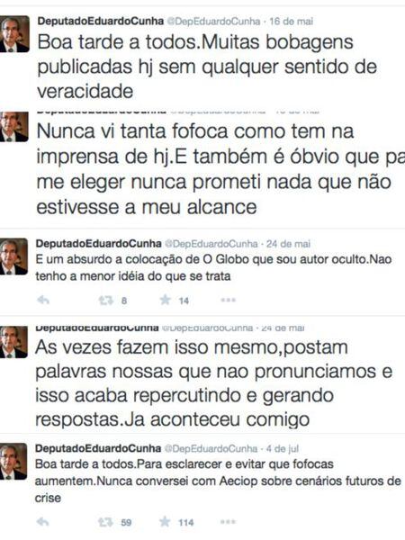 Montagem com cinco tuites de Cunha.