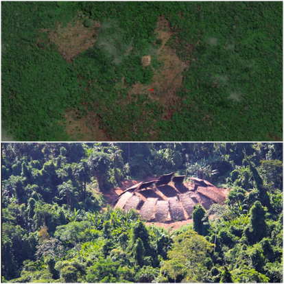 Na primeira imagem, a casa comunitária a partir do satélite. Abaixo, o registro aéreo da Funai dos Moxihatëtëma em 2020.