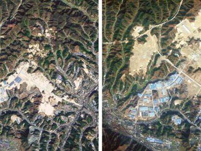 A cidade de Shiyan, antes (2010) e depois (2012) do aplanamento.