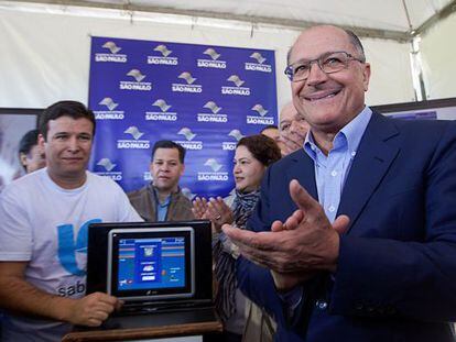 Governador, Geraldo Alckmin, em entrega de obra no Alto Tiet&ecirc;.