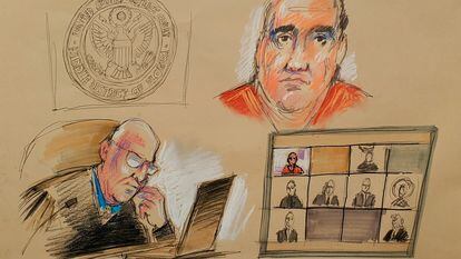 Alex Saab comparece perante o juiz norte-americano John J. O'Sullivan por link de vídeo durante a leitura das acusações contra ele em um tribunal federal em Miami, Flórida.