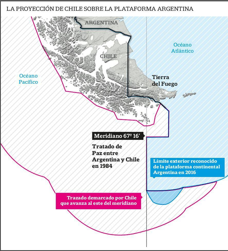 Mapa elaborado pelo Ministério das Relações Exteriores da Argentina que mostra em azul a porção da plataforma marítima disputada com o Chile.