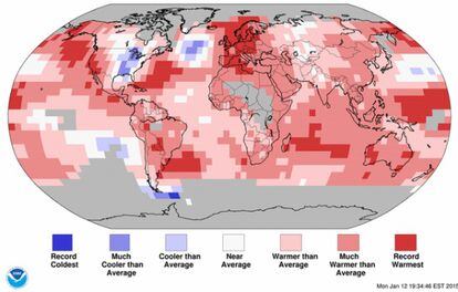 Recordes de calor (vermelho) e de frio (azul) em 2014.