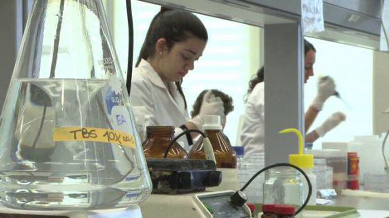 Químicas trabalham em laboratório.