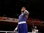 Brazil's Abner Teixeira, after his men's heavyweight 91-kg boxing match against Jordan's Hussein Eishaish Hussein Iashaish at the 2020 Summer Olympics, Friday, July 30, 2021, in Tokyo, Japan. (Buda Mendes/Pool Photo via AP)
