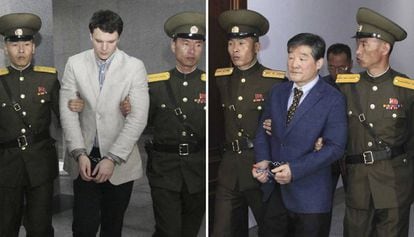 Imagem de arquivo de dois norte-americanos presos pelo regime de Pyongyang: Otto Warmbier e Kim Dong-chul. Um terceiro cidadão, Kim Sang-duk, foi detido neste mês de abril.