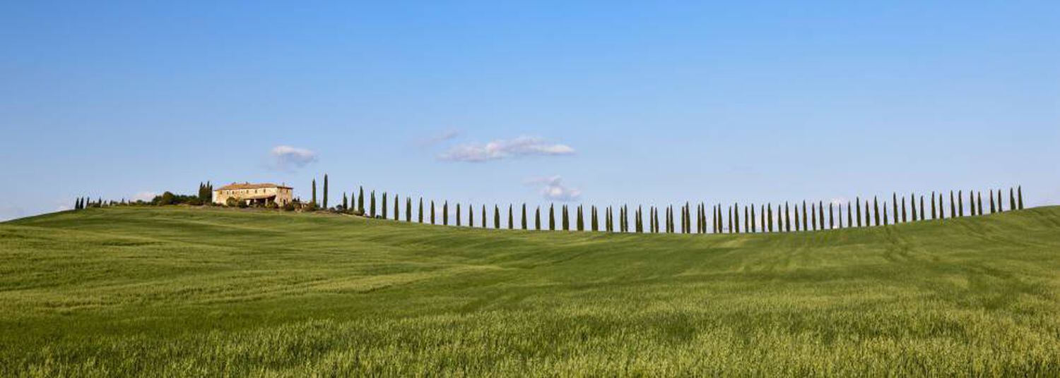 Uma granja entre campos de milho cerca de San Quirico d'Orcia, na Toscana.