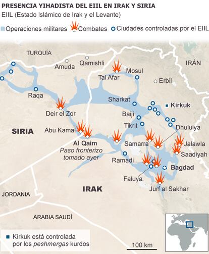 Gráfico (em espanhol) da presença jihadista do Estado Islâmico do Iraque e Levante, no Iraque e na Síria. Fonte: Institute for the Study of War e a BBC.