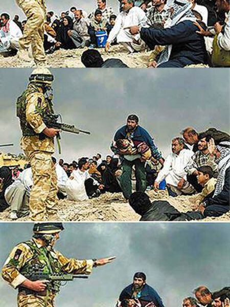 Montagem realizada pelo fotógrafo Brian Walski, dos 'Los Angeles Times'. Combinou com Photoshop as duas primeiras imagens, originais, nas quais um soltado britânico fala com civis durante a guerra do Iraque, para criar a terceira. Foi demitido.