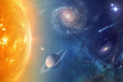 Ilustração da NASA sobre seus objetivos de exploração do Sistema Solar e pesquisa do universo.