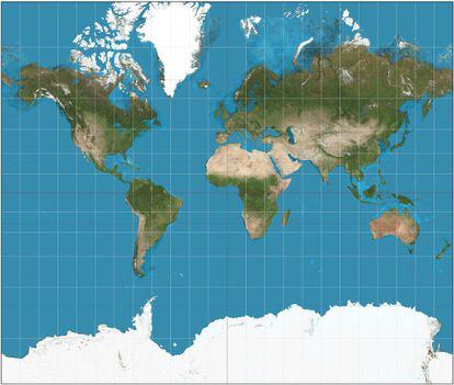 Mapa-múndi com a projeção Mercator.