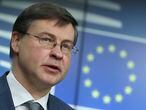 European Commissioner for An Economy that Works for the People Valdis Dombrovskis speaks during a news conference following an EU Economy and Finance Ministers online meeting at the European Council headquarters in Brussels, Tuesday, March 16, 2021. (Yves Herman/Pool Photo via AP)