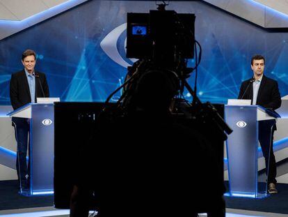 Marcelo Crivella e Marcelo Freixo (R) no debate da TV Bandeirantes