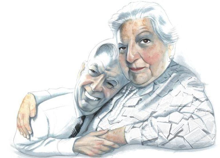 Mario Vargas Llosa e Carmen Balcells, em um desenho de Fernando Vicente de 2010.