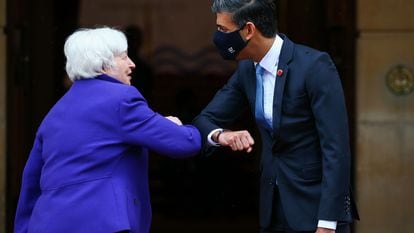 A Secretária do Tesouro dos Estados Unidos, Janet Yellen, e o ministro das Finanças do Reino Unido, Rishi Sunak, na cúpula do G7 em Londres no fim de semana.