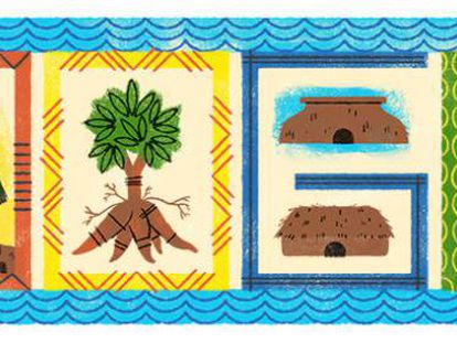 Doodle criado pelo Google para celebrar o 56º aniversário do Parque Indígena do Xingu.