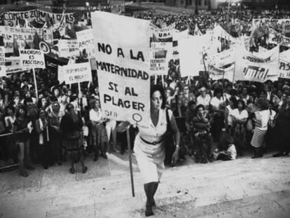 Em 8 de março de 1984, a feminista María Elena Oddone se manifestou com um enorme cartaz em que se lia: “Não à maternidade, sim ao prazer”.