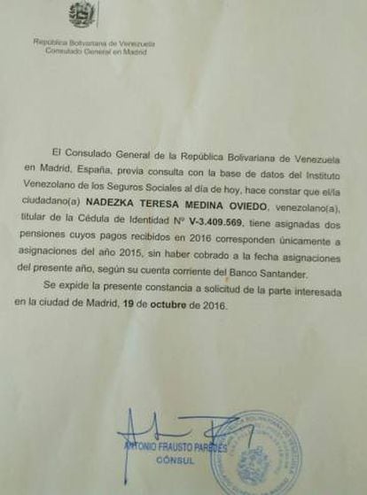 O Consulado de Venezuela em Madri acedeu a certificar que os aposentados não estão recebendo os pagamentos correspondentes a 2016.