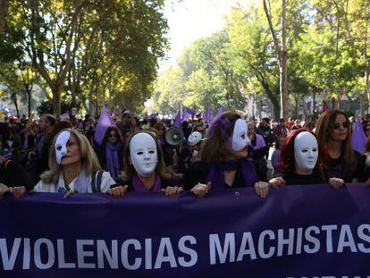 Linha de frente da manifestação em Madri.